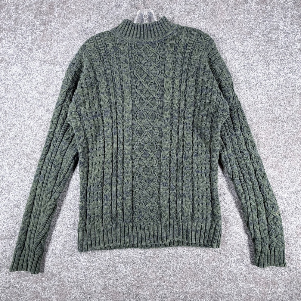 High Sierra Sweater Mens Medium Green Cotton Cable Knit Ribbed Trim Mock Neck